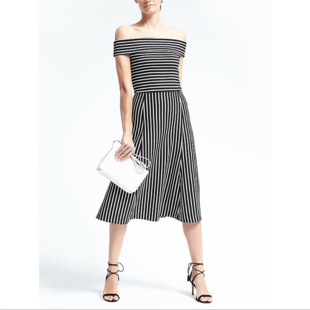 NWT Banana Republic Navy & White Striped Off Shoulder Midi Dress Size 10